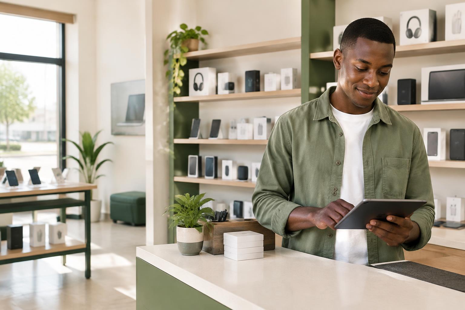 Un commerçant gère sa boutique depuis sa tablette